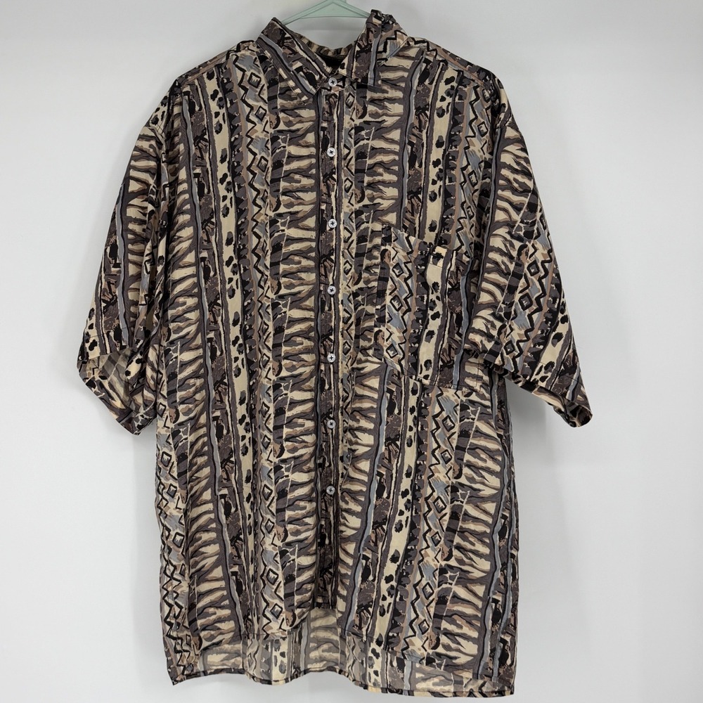 Pure Mens Large 100% Silk Short Sleeve Button Up Shirt Brown Abstract Geometric